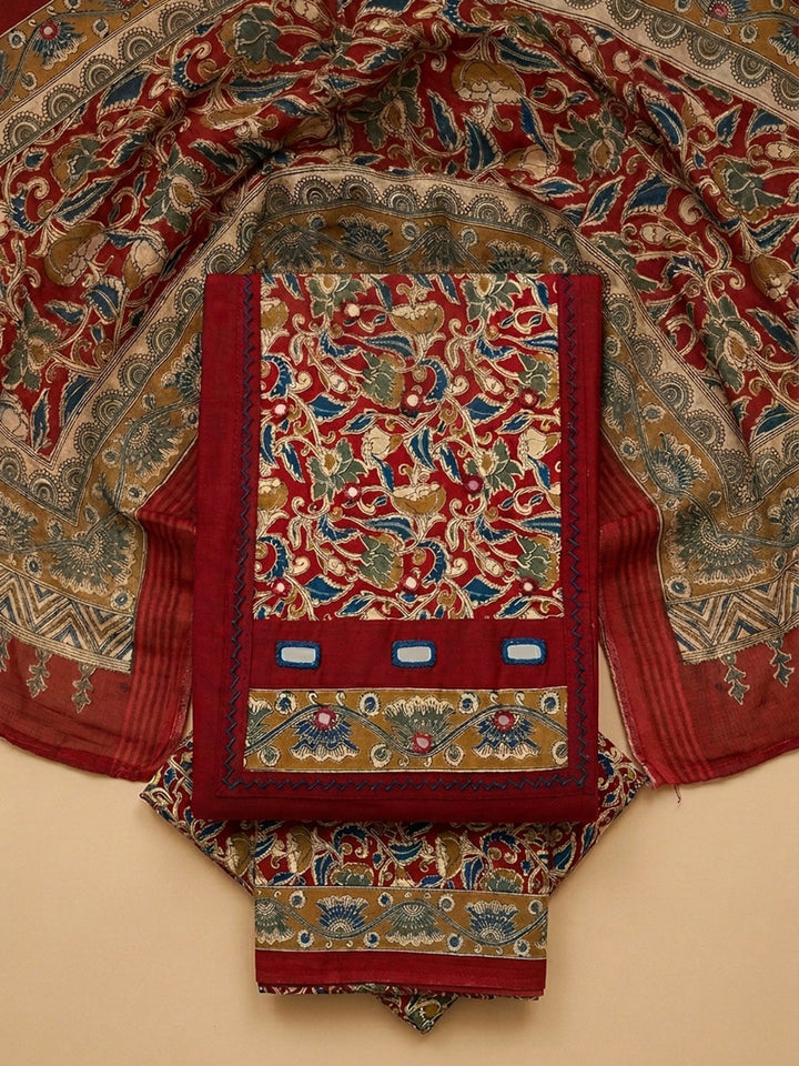 Maroon Printed Cotton Blend Unstitched Dress Material