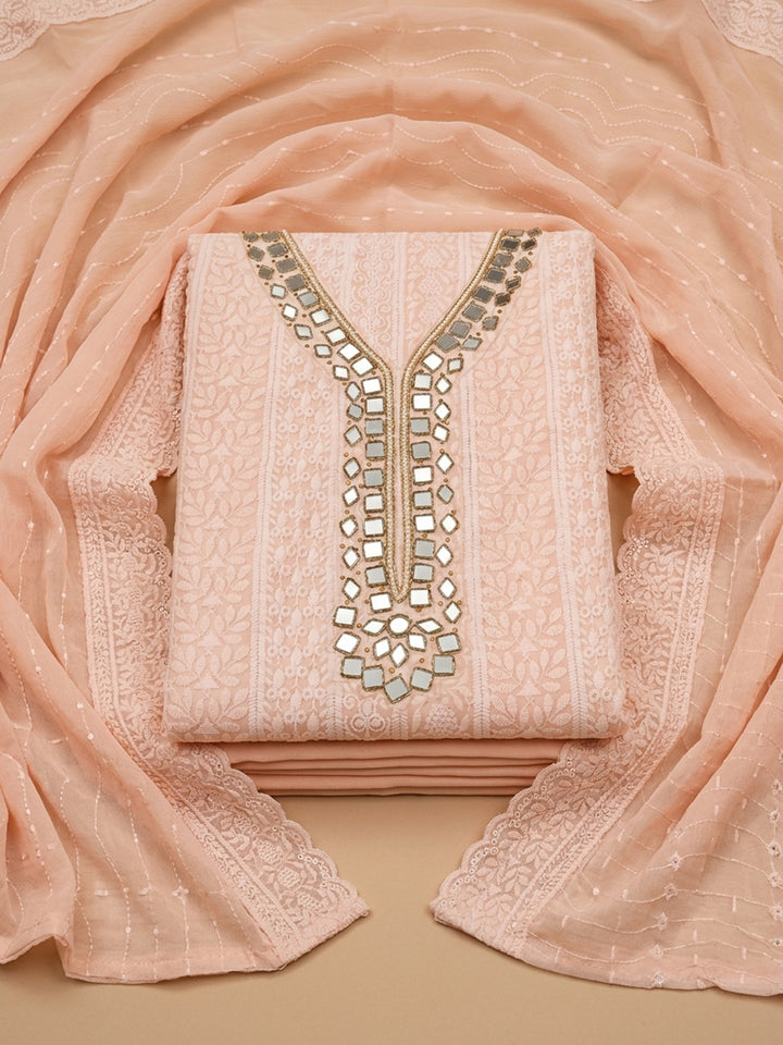 Peach Mirror Work &amp; Embroidered Chiffon Unstitched Dress Material