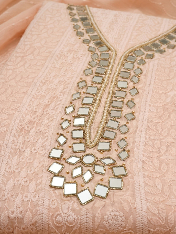 Peach Mirror Work &amp; Embroidered Chiffon Unstitched Dress Material