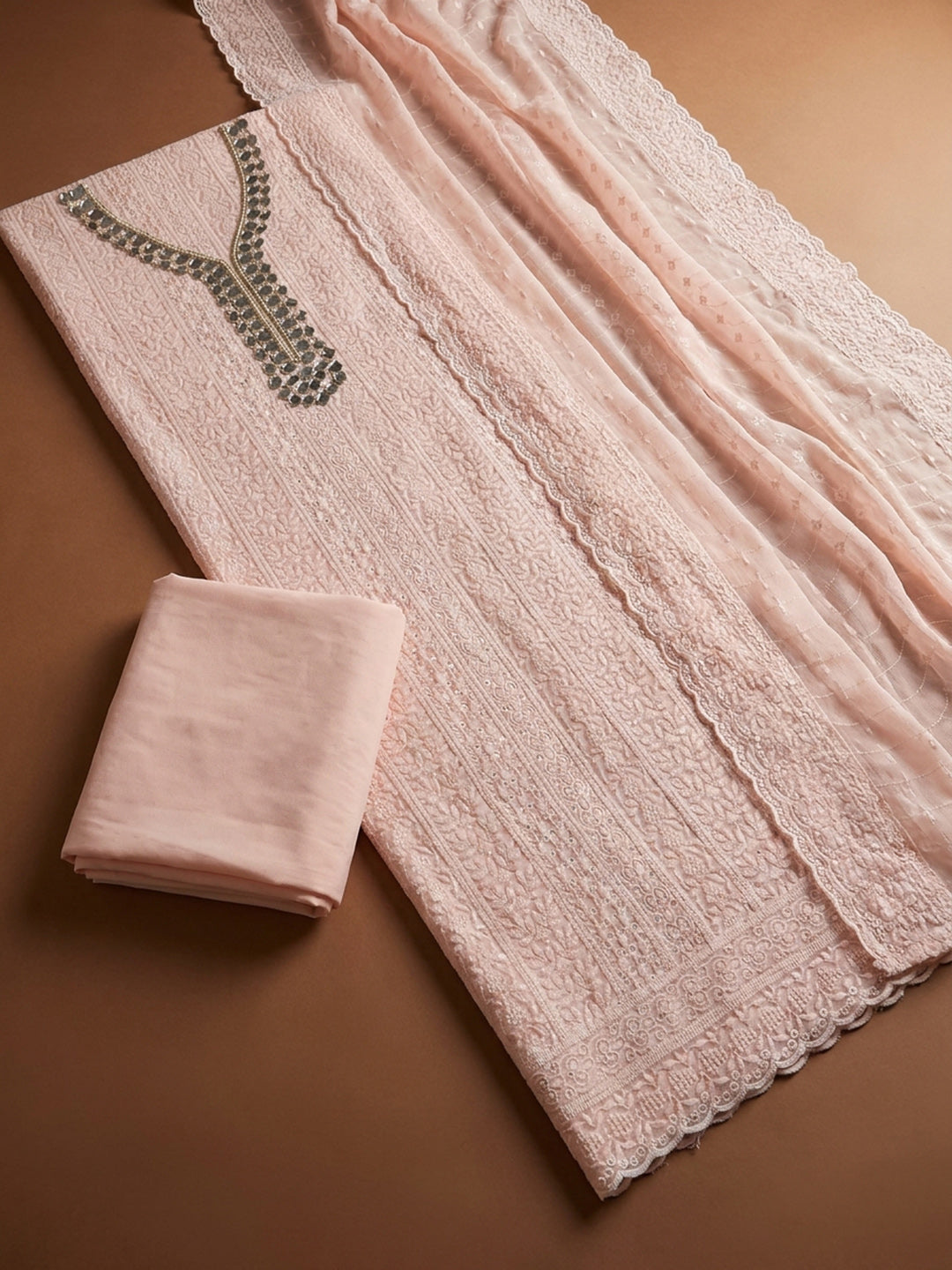 Peach Mirror Work &amp; Embroidered Chiffon Unstitched Dress Material