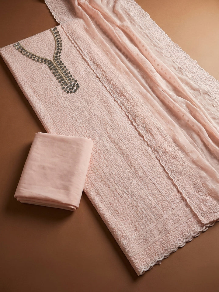 Peach Mirror Work &amp; Embroidered Chiffon Unstitched Dress Material