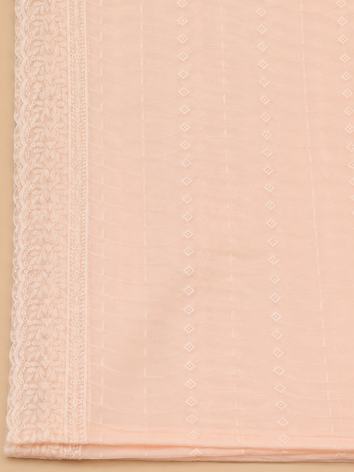 Peach Mirror Work &amp; Embroidered Chiffon Unstitched Dress Material