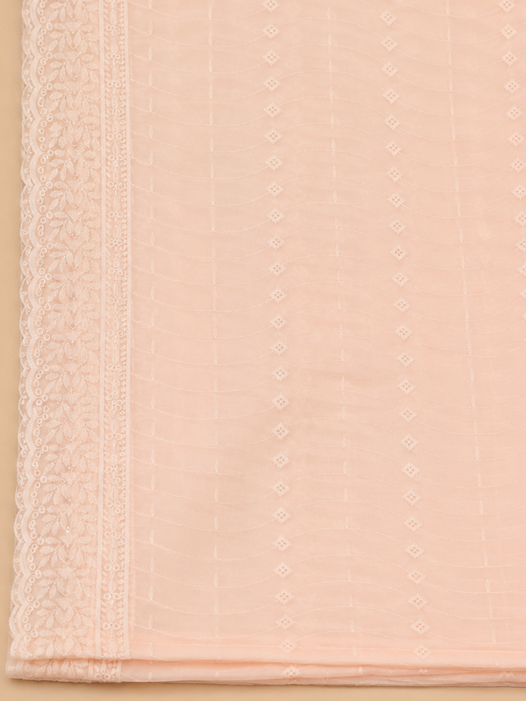 Peach Mirror Work &amp; Embroidered Chiffon Unstitched Dress Material