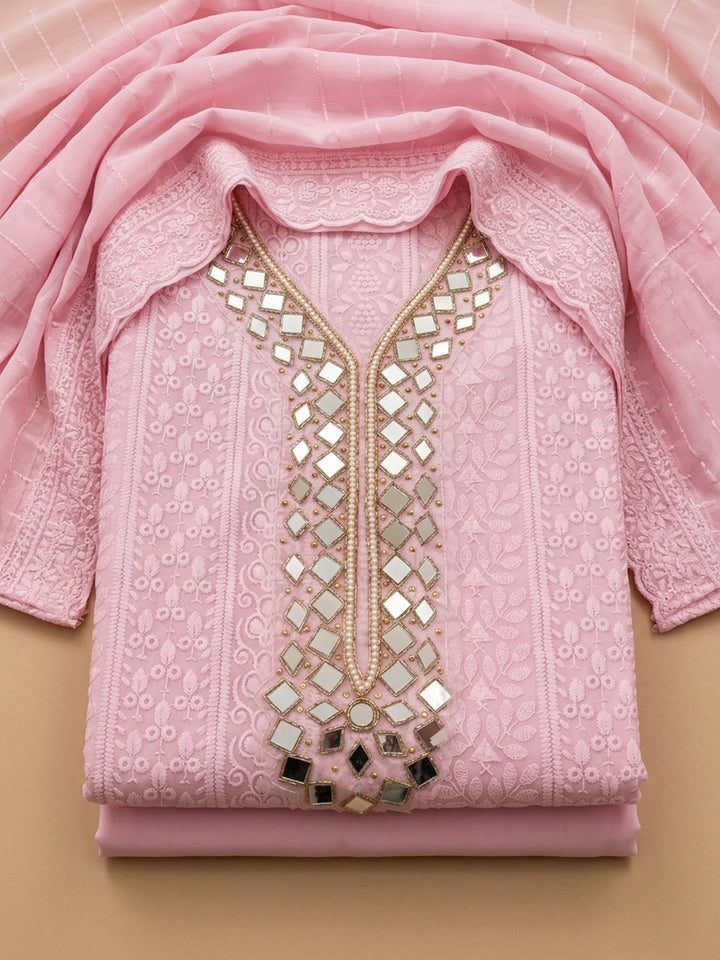 Pink Mirror Work &amp; Embroidered Georgette Unstitched Dress Material