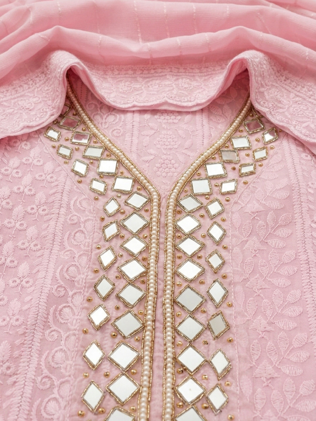 Pink Mirror Work &amp; Embroidered Georgette Unstitched Dress Material
