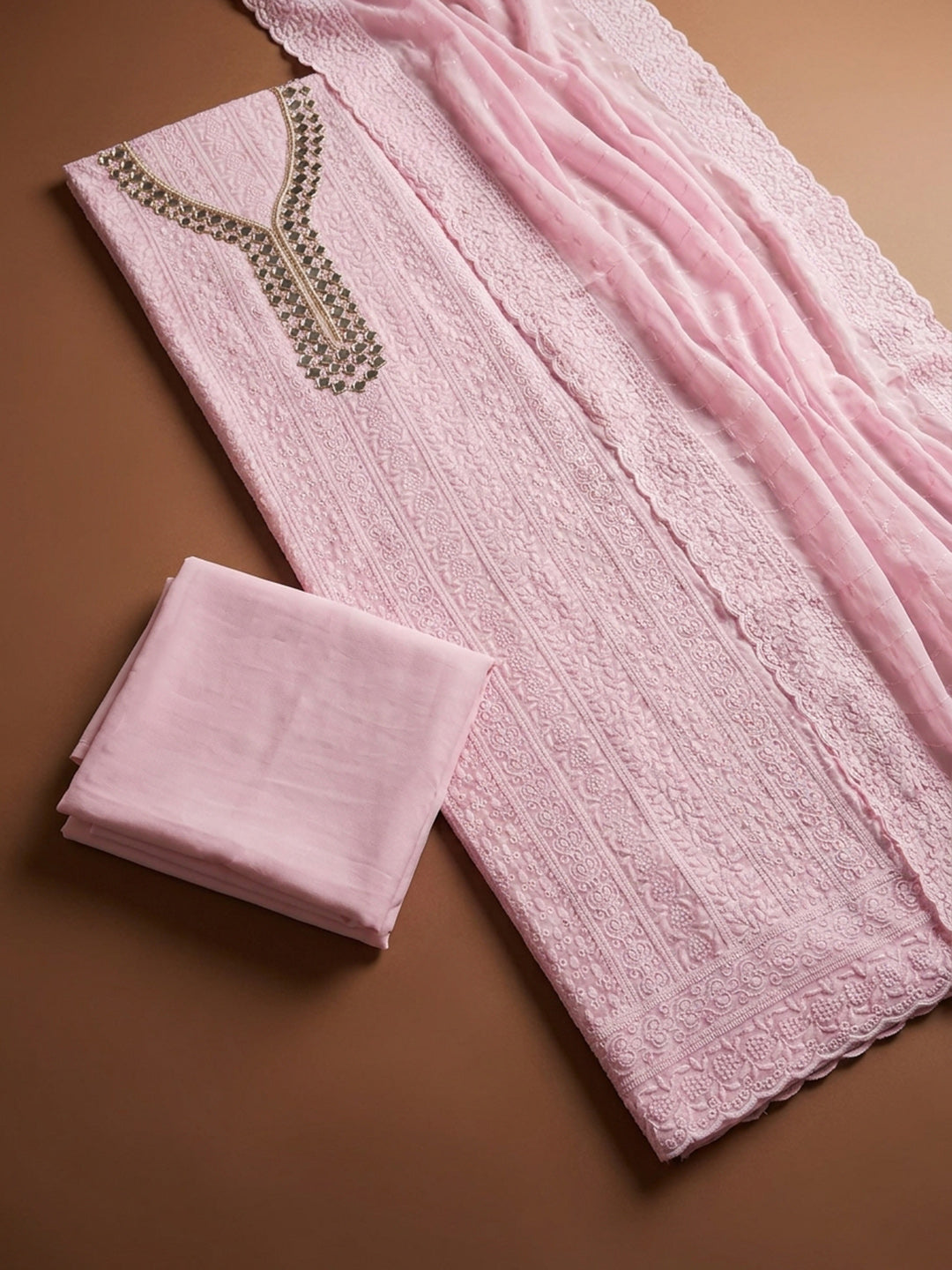 Pink Mirror Work &amp; Embroidered Georgette Unstitched Dress Material