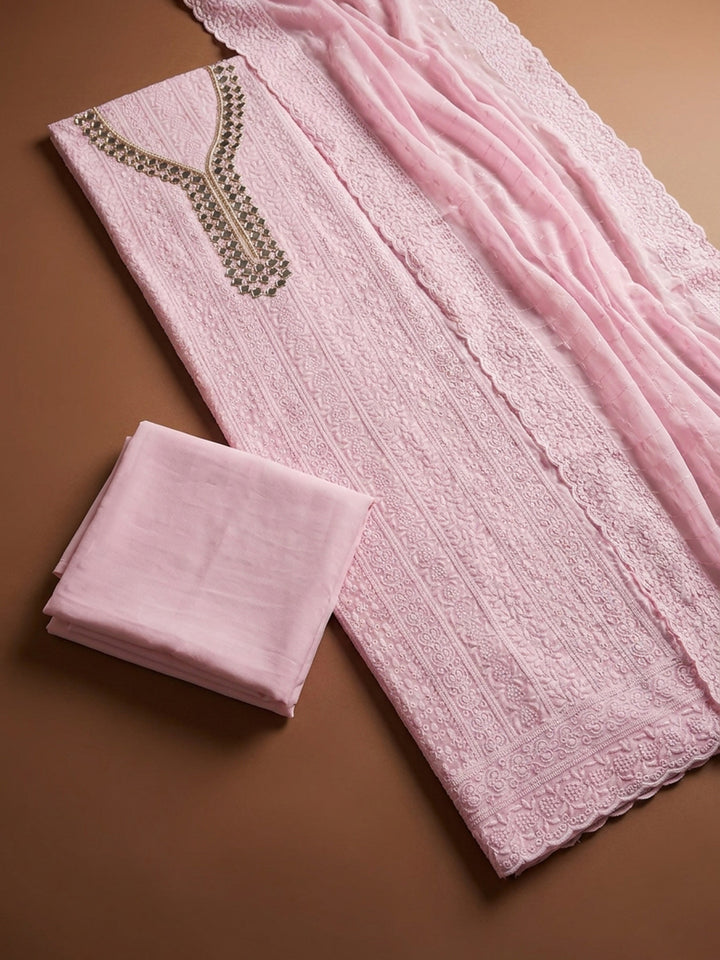 Pink Mirror Work &amp; Embroidered Georgette Unstitched Dress Material