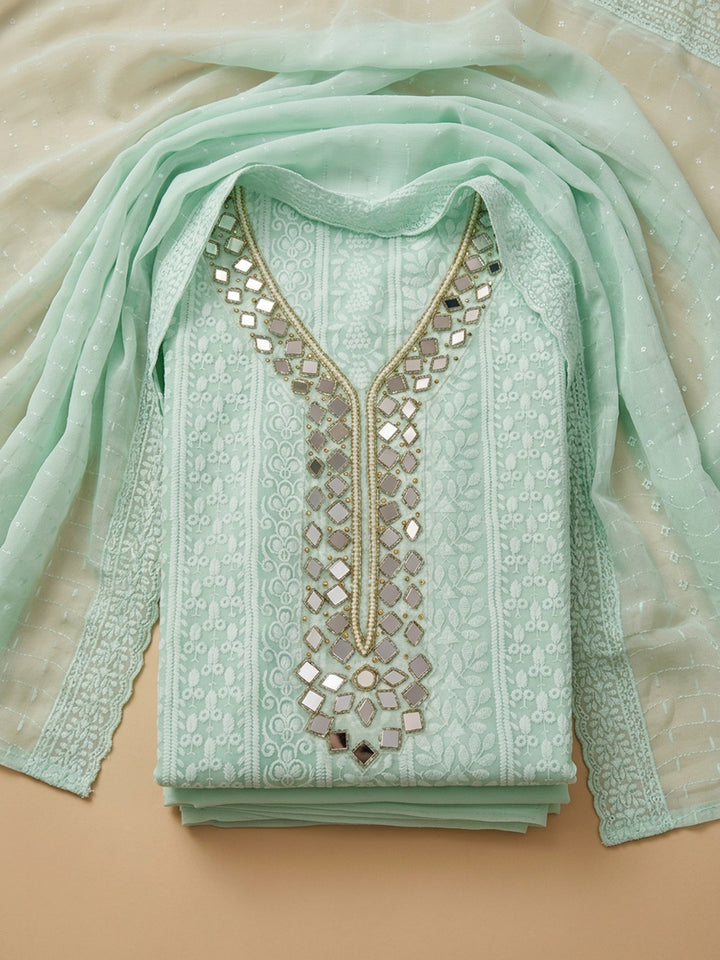 Sea Green Mirror Work &amp; Embroidered Georgette Unstitched Dress Material