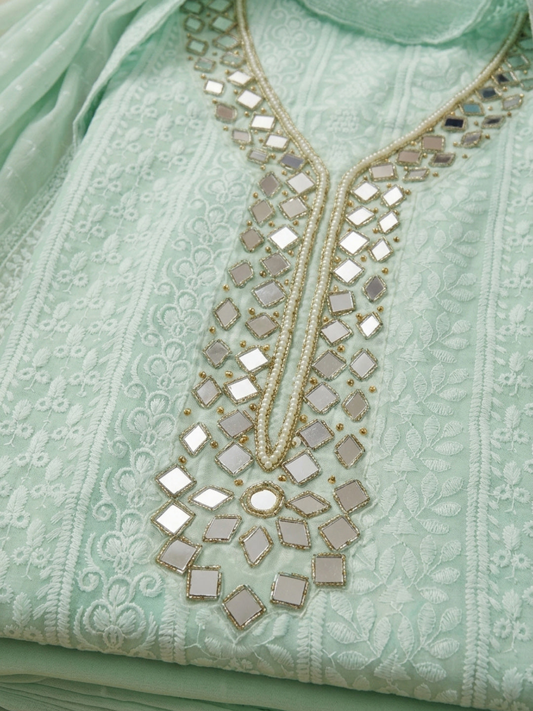 Sea Green Mirror Work &amp; Embroidered Georgette Unstitched Dress Material