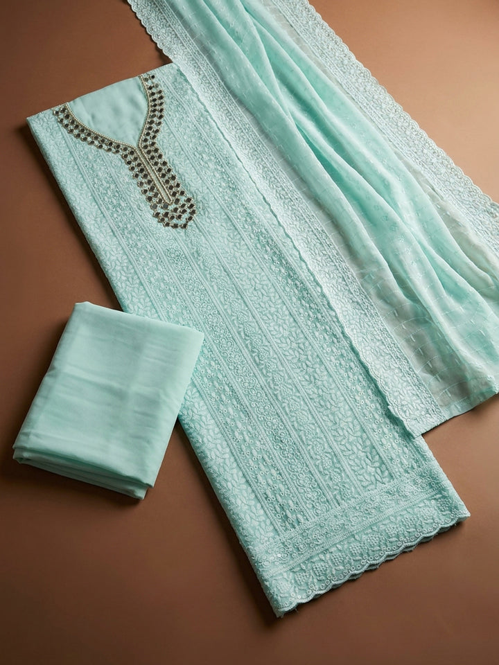 Sea Green Mirror Work &amp; Embroidered Georgette Unstitched Dress Material