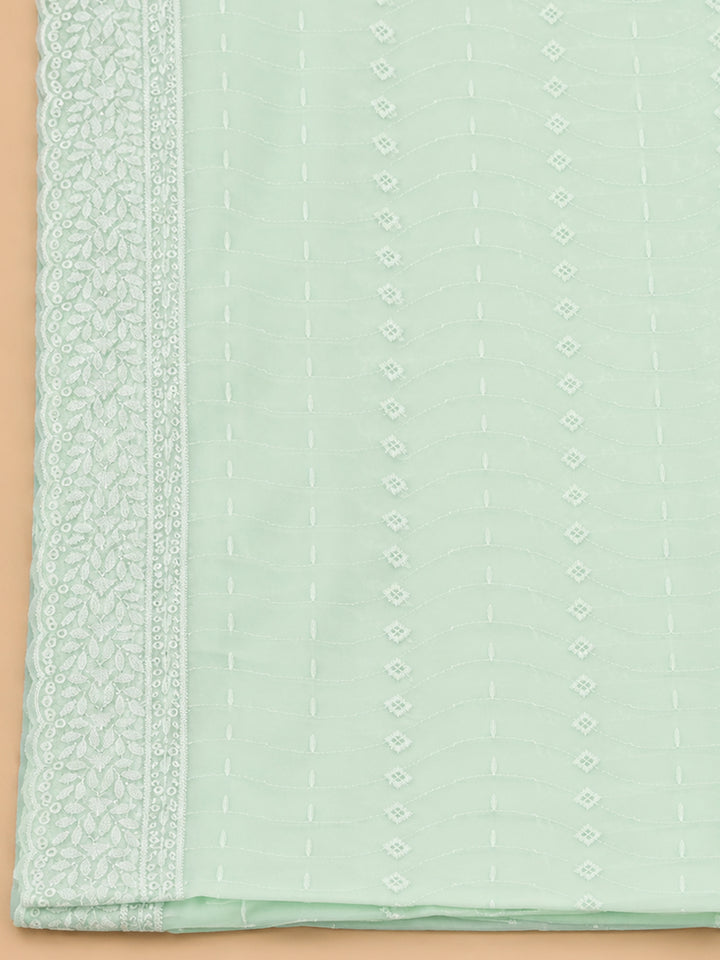 Sea Green Mirror Work &amp; Embroidered Georgette Unstitched Dress Material