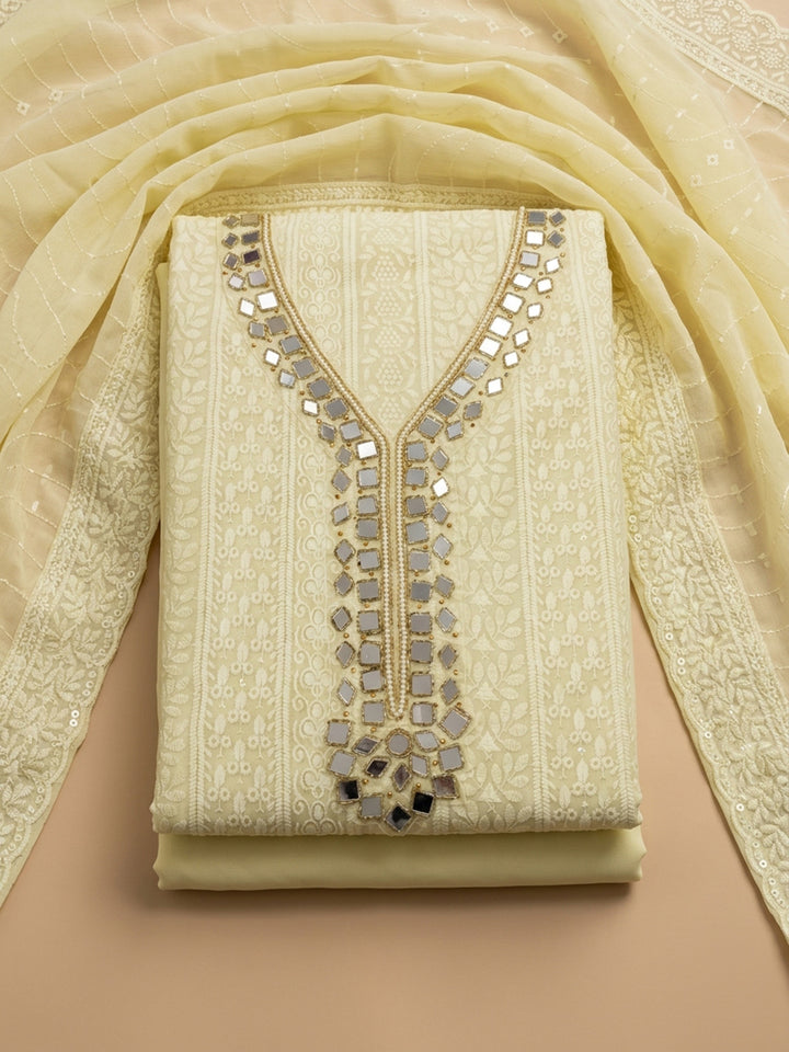 Yellow Mirror Work &amp; Embroidered Georgette Unstitched Dress Material