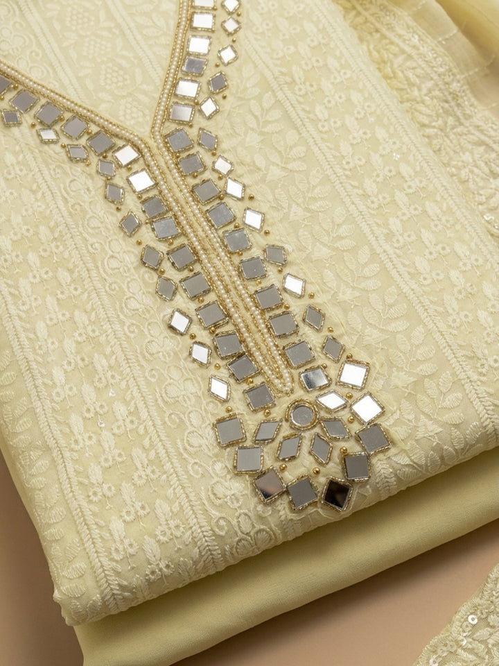 Yellow Mirror Work &amp; Embroidered Georgette Unstitched Dress Material
