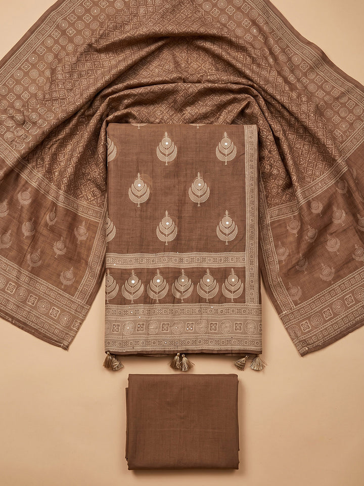 Brown Printed Chanderi Unstitched Suit &amp; Pant With Chanderi Dupatta