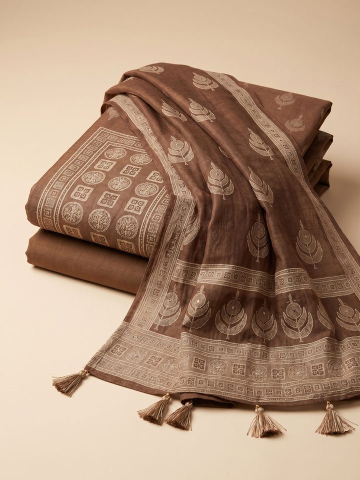 Brown Printed Chanderi Unstitched Suit &amp; Pant With Chanderi Dupatta