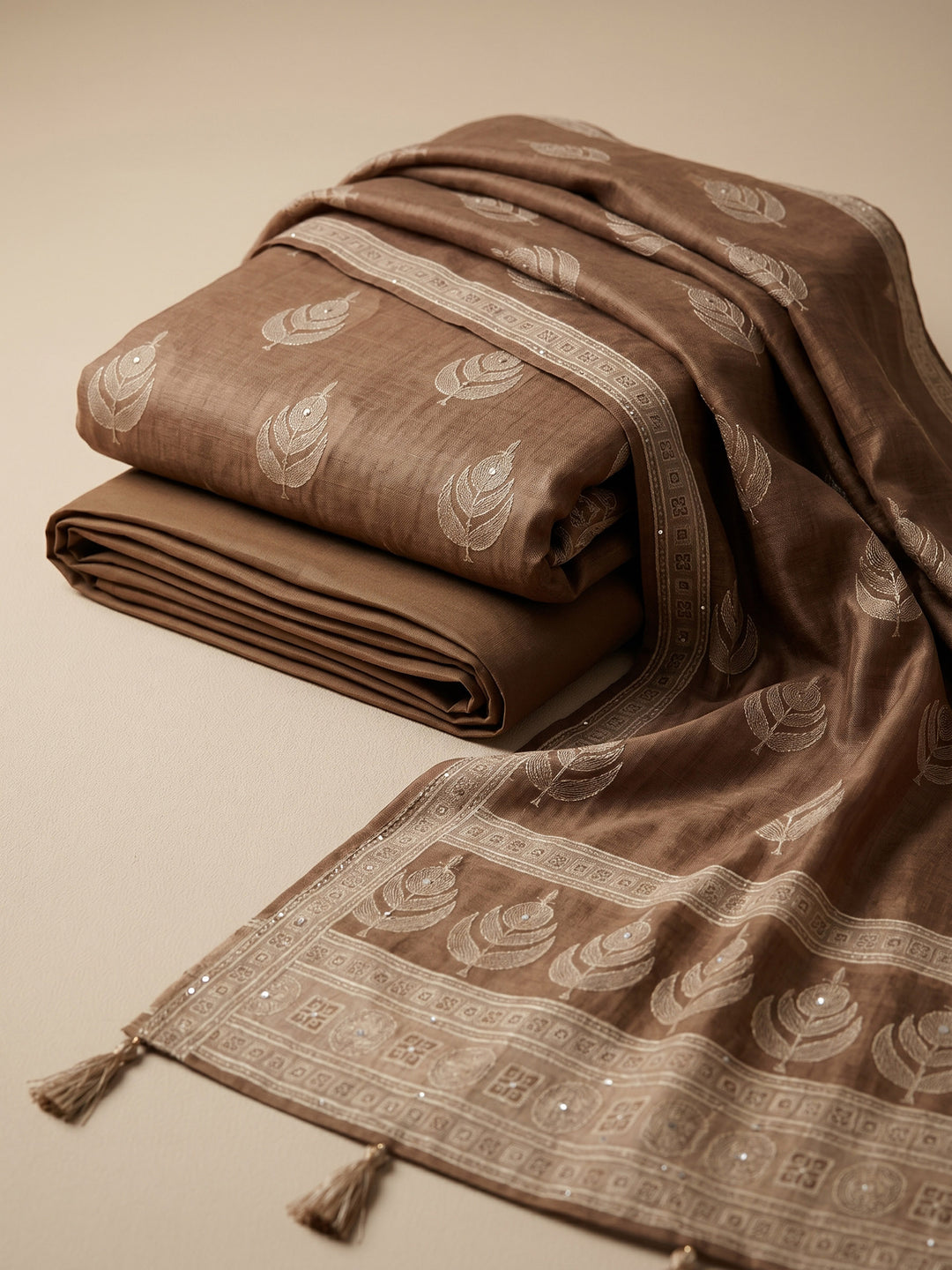 Brown Printed Chanderi Unstitched Suit &amp; Pant With Chanderi Dupatta