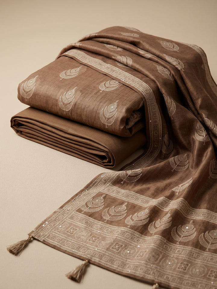 Brown Printed Chanderi Unstitched Suit &amp; Pant With Chanderi Dupatta