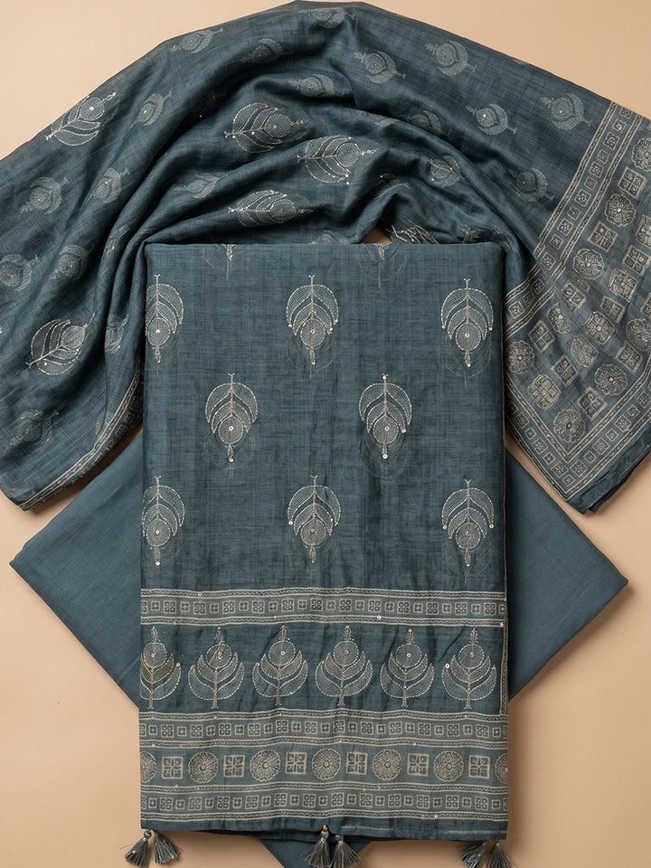 Green Printed Chanderi Unstitched Suit &amp; Pant With Chanderi Dupatta