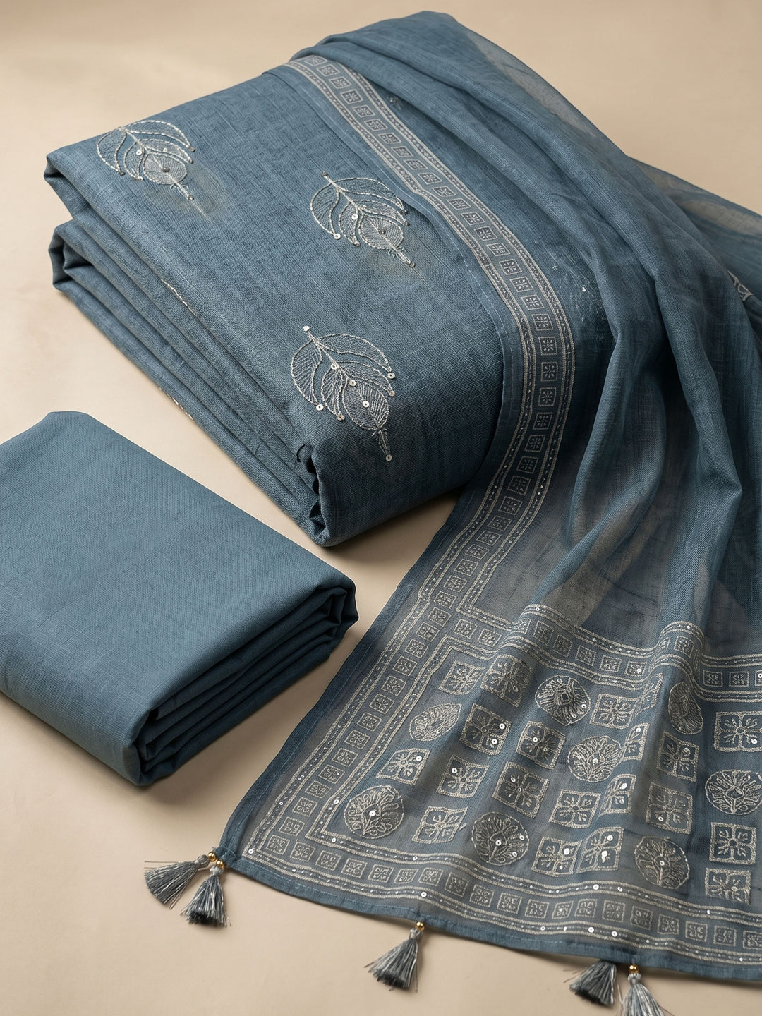 Green Printed Chanderi Unstitched Suit &amp; Pant With Chanderi Dupatta