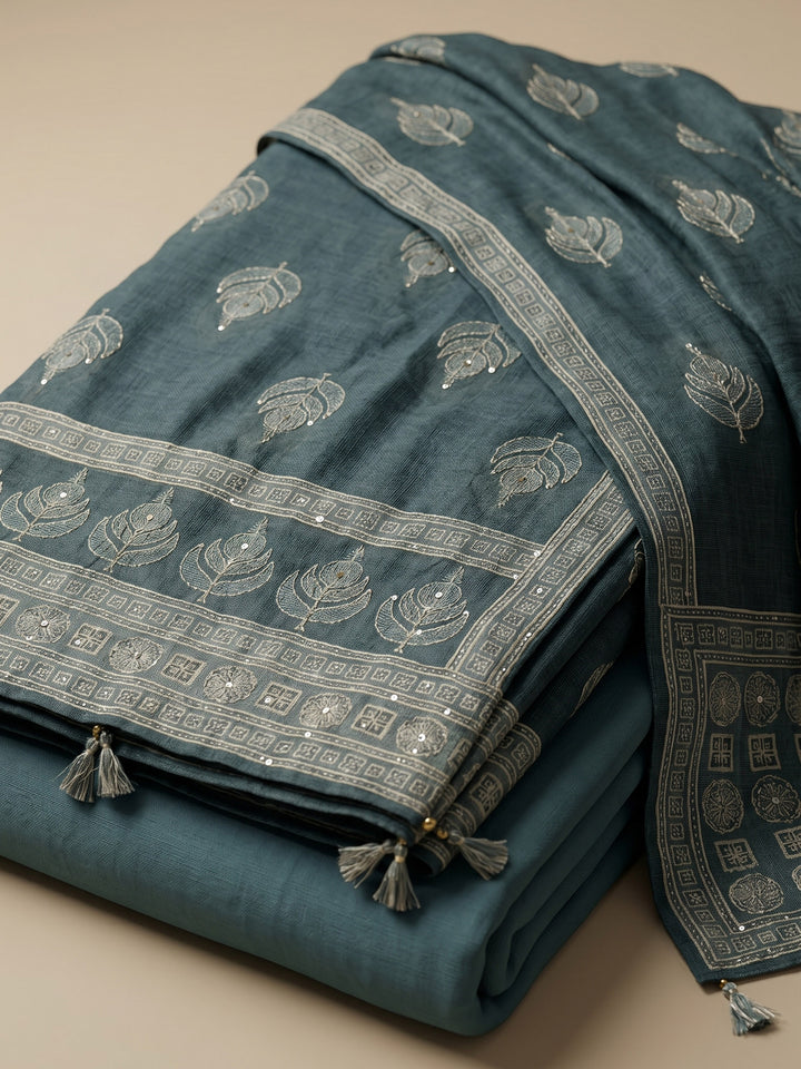 Green Printed Chanderi Unstitched Suit &amp; Pant With Chanderi Dupatta