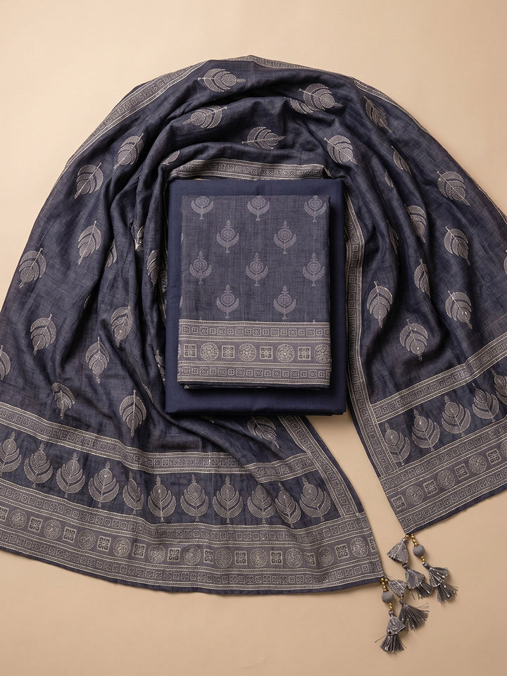 Purple Printed Chanderi Unstitched Suit &amp; Pant With Chanderi Dupatta