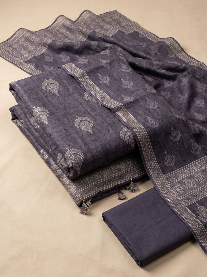 Purple Printed Chanderi Unstitched Suit &amp; Pant With Chanderi Dupatta