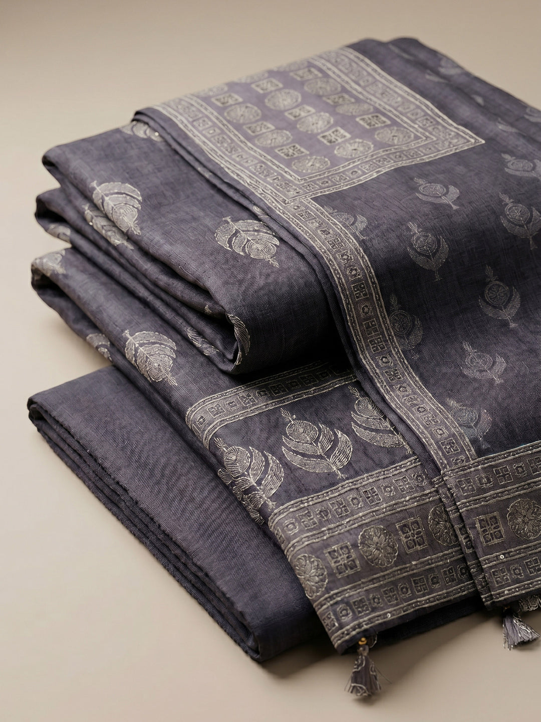 Purple Printed Chanderi Unstitched Suit &amp; Pant With Chanderi Dupatta
