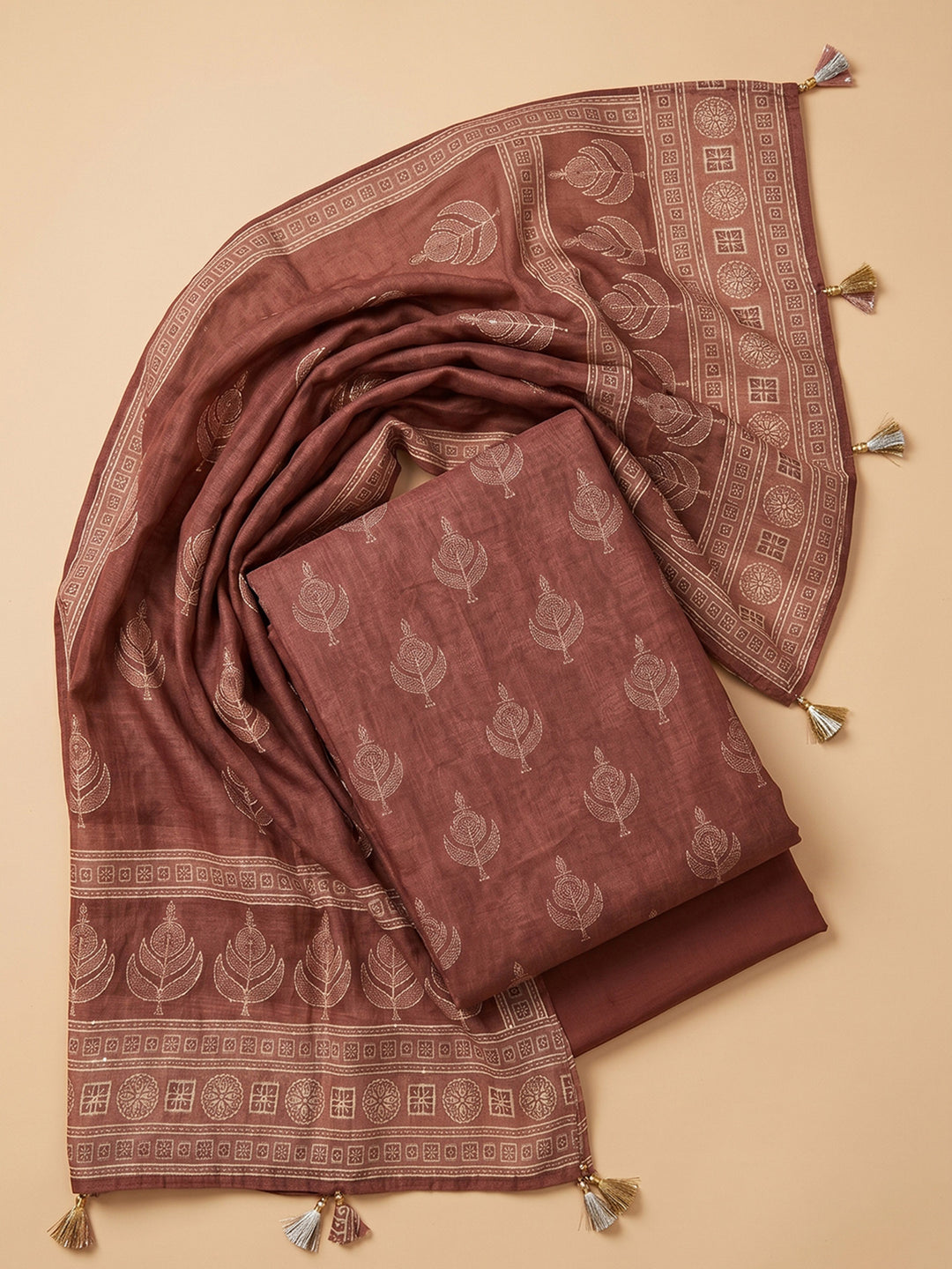 Rust Printed Chanderi Unstitched Suit &amp; Pant With Chanderi Dupatta