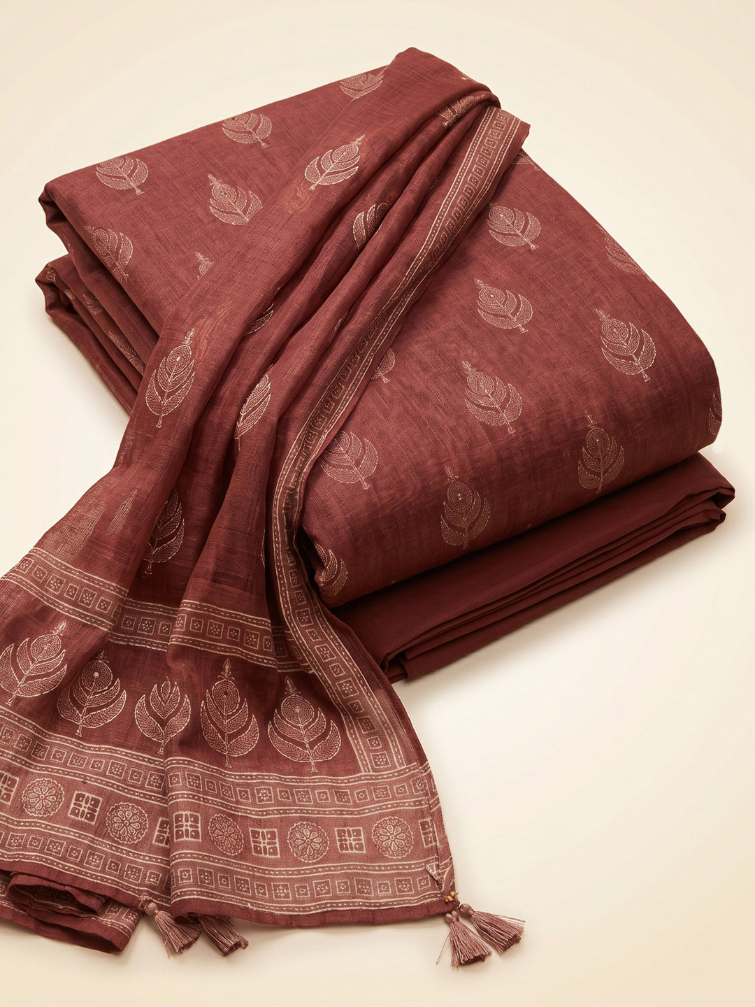 Rust Printed Chanderi Unstitched Suit &amp; Pant With Chanderi Dupatta