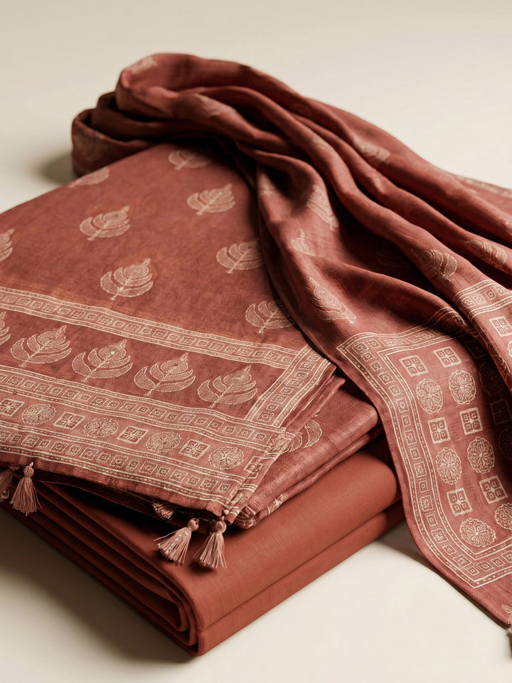 Rust Printed Chanderi Unstitched Suit &amp; Pant With Chanderi Dupatta