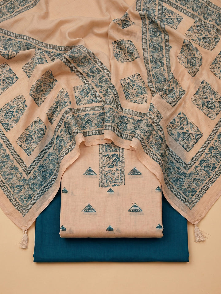 Beige Blue Printed Chanderi Unstitched Suit &amp; Pant With Chanderi Dupatta