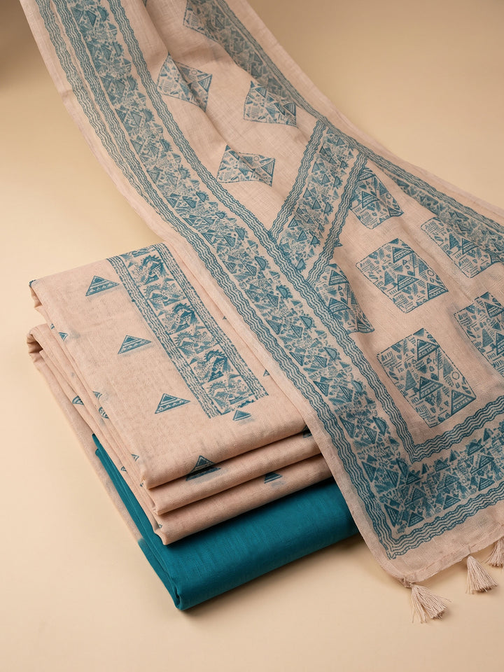 Beige Blue Printed Chanderi Unstitched Suit &amp; Pant With Chanderi Dupatta