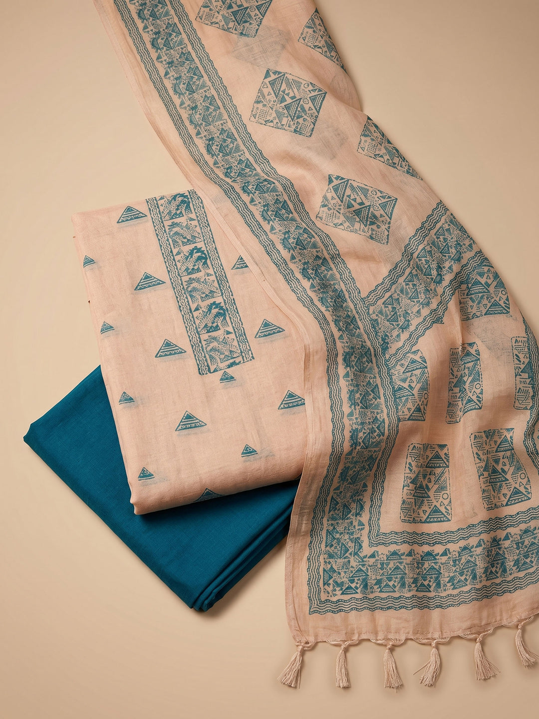 Beige Blue Printed Chanderi Unstitched Suit &amp; Pant With Chanderi Dupatta