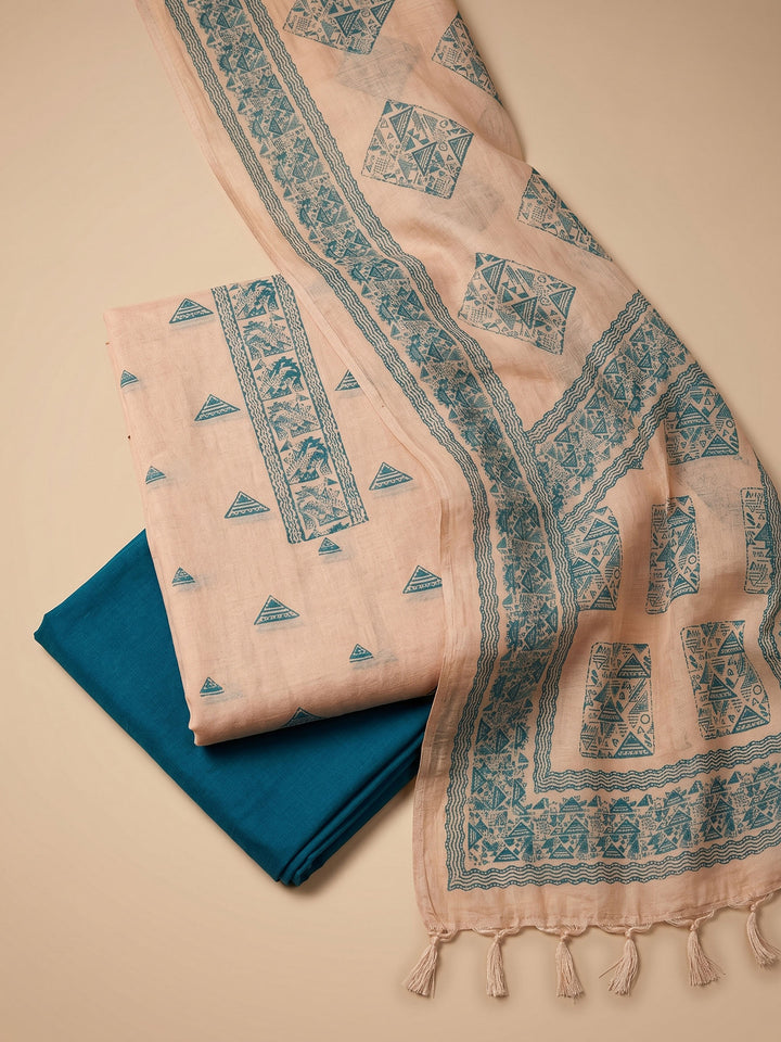 Beige Blue Printed Chanderi Unstitched Suit &amp; Pant With Chanderi Dupatta