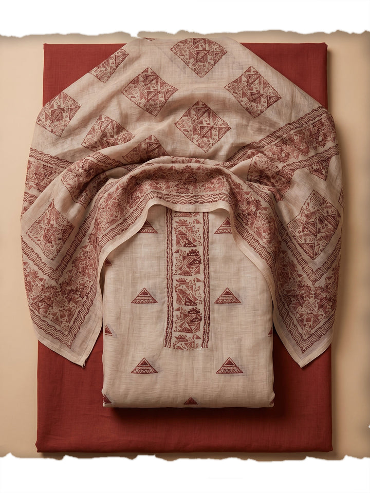Beige Brown Printed Chanderi Unstitched Suit &amp; Pant With Chanderi Dupatta