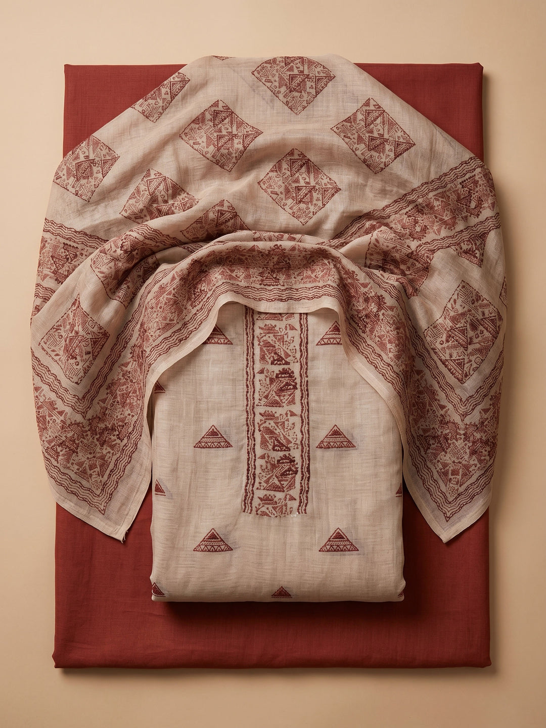 Beige Brown Printed Chanderi Unstitched Suit &amp; Pant With Chanderi Dupatta