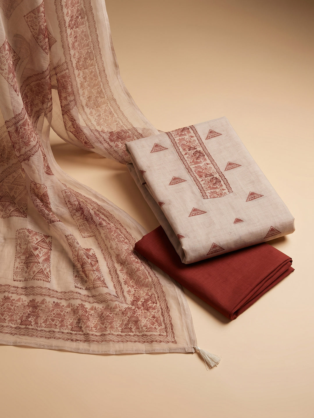 Beige Brown Printed Chanderi Unstitched Suit &amp; Pant With Chanderi Dupatta