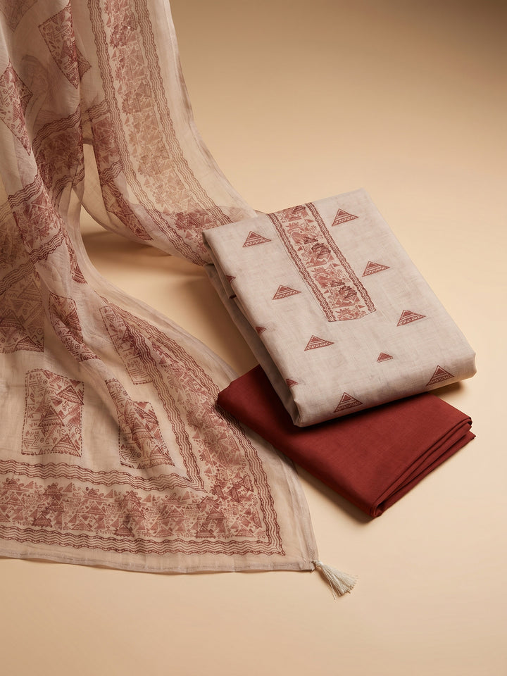 Beige Brown Printed Chanderi Unstitched Suit &amp; Pant With Chanderi Dupatta