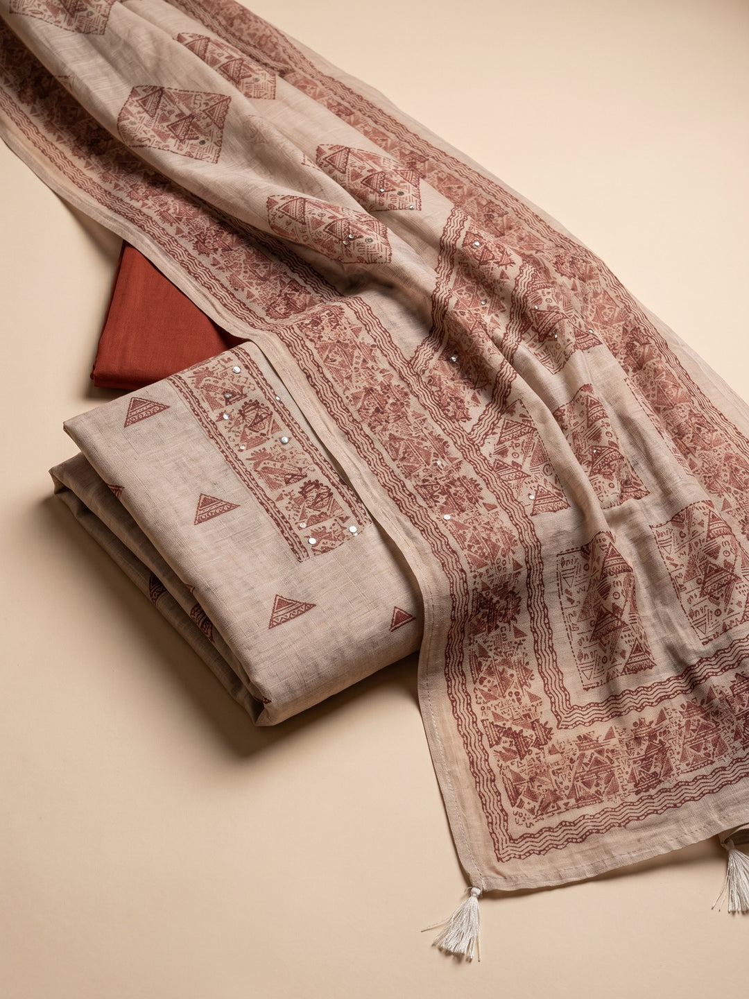 Beige Brown Printed Chanderi Unstitched Suit &amp; Pant With Chanderi Dupatta