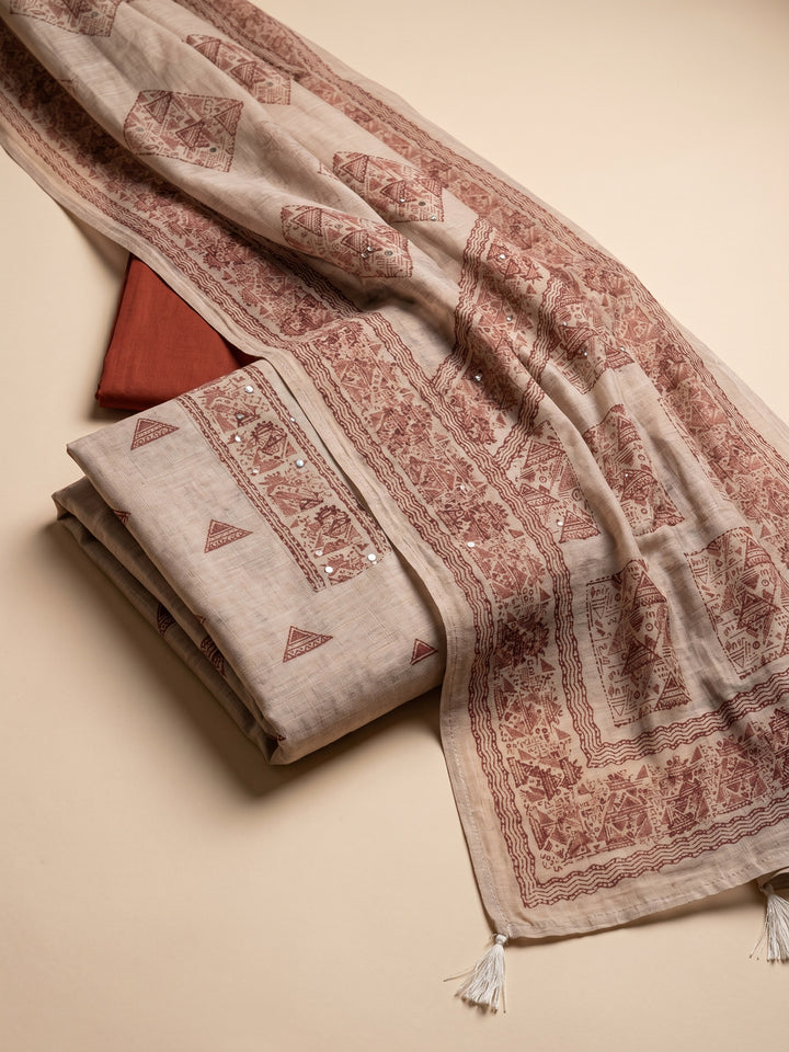 Beige Brown Printed Chanderi Unstitched Suit &amp; Pant With Chanderi Dupatta