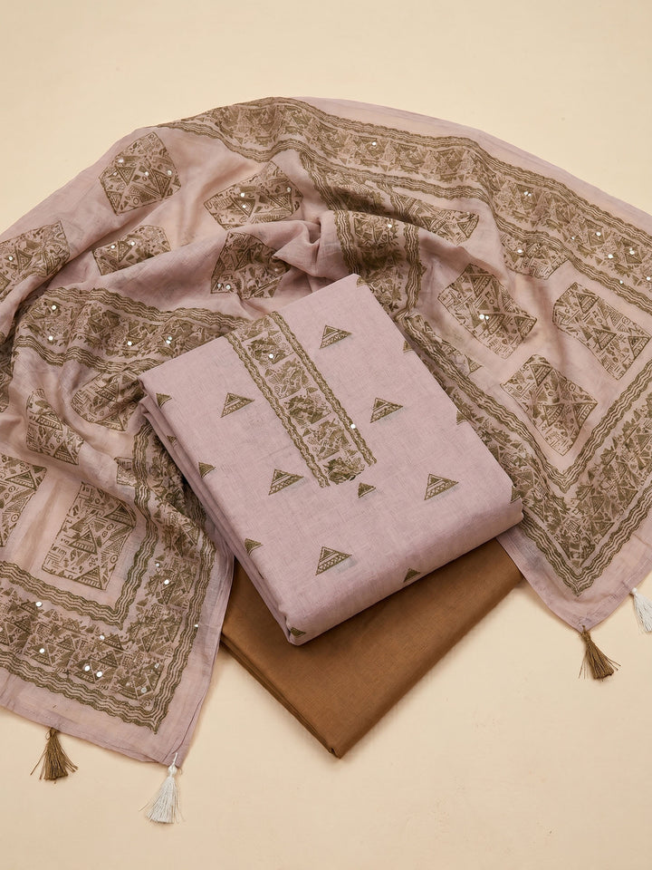 Beige Maroon Printed Chanderi Unstitched Suit &amp; Pant With Chanderi Dupatta