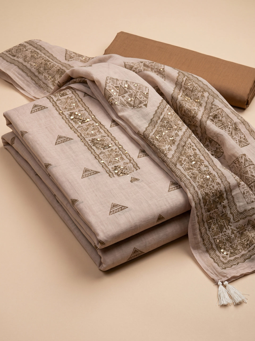 Beige Maroon Printed Chanderi Unstitched Suit &amp; Pant With Chanderi Dupatta