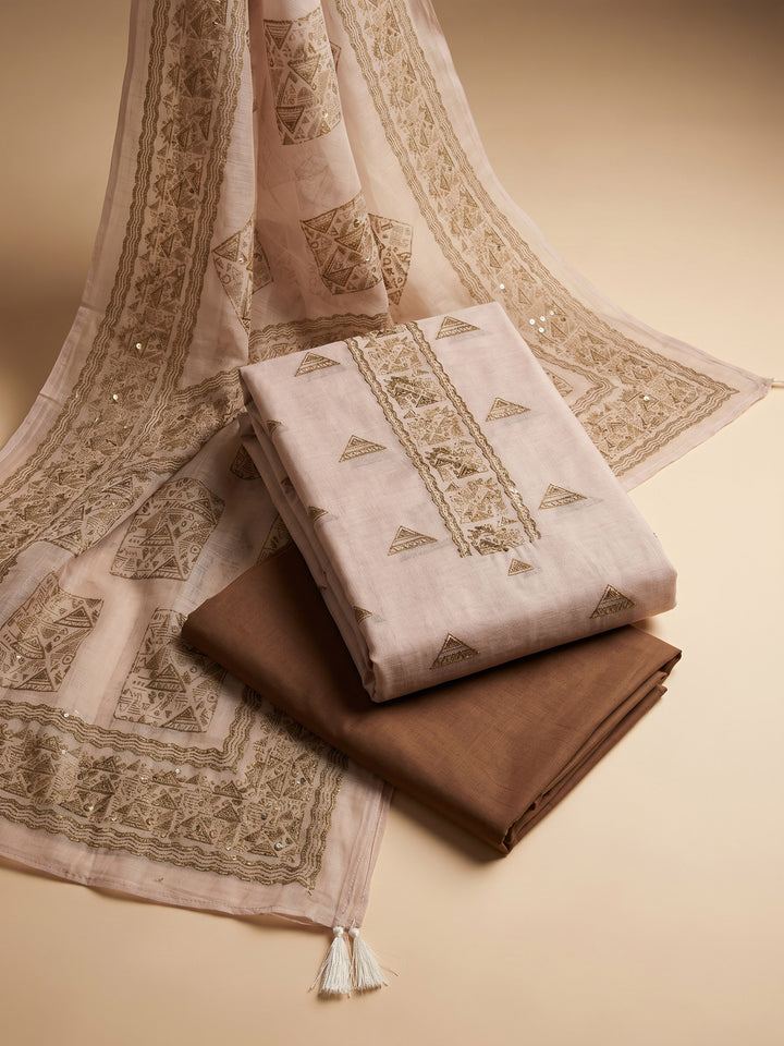 Beige Maroon Printed Chanderi Unstitched Suit &amp; Pant With Chanderi Dupatta