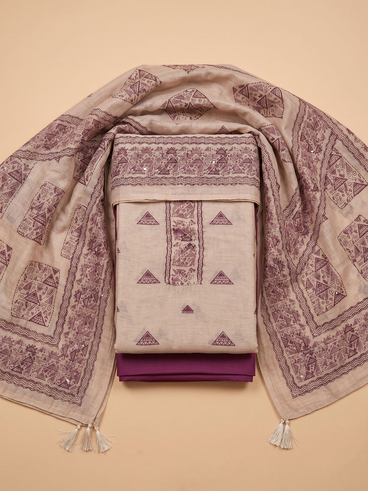 Beige Wine Printed Chanderi Unstitched Suit &amp; Pant With Chanderi Dupatta