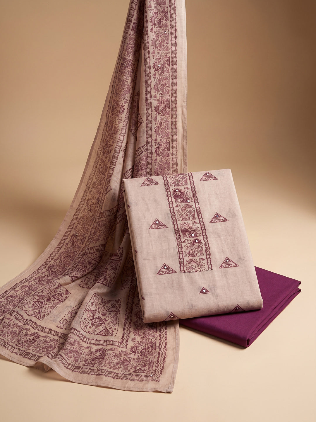 Beige Wine Printed Chanderi Unstitched Suit &amp; Pant With Chanderi Dupatta