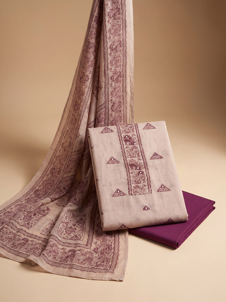 Beige Wine Printed Chanderi Unstitched Suit &amp; Pant With Chanderi Dupatta
