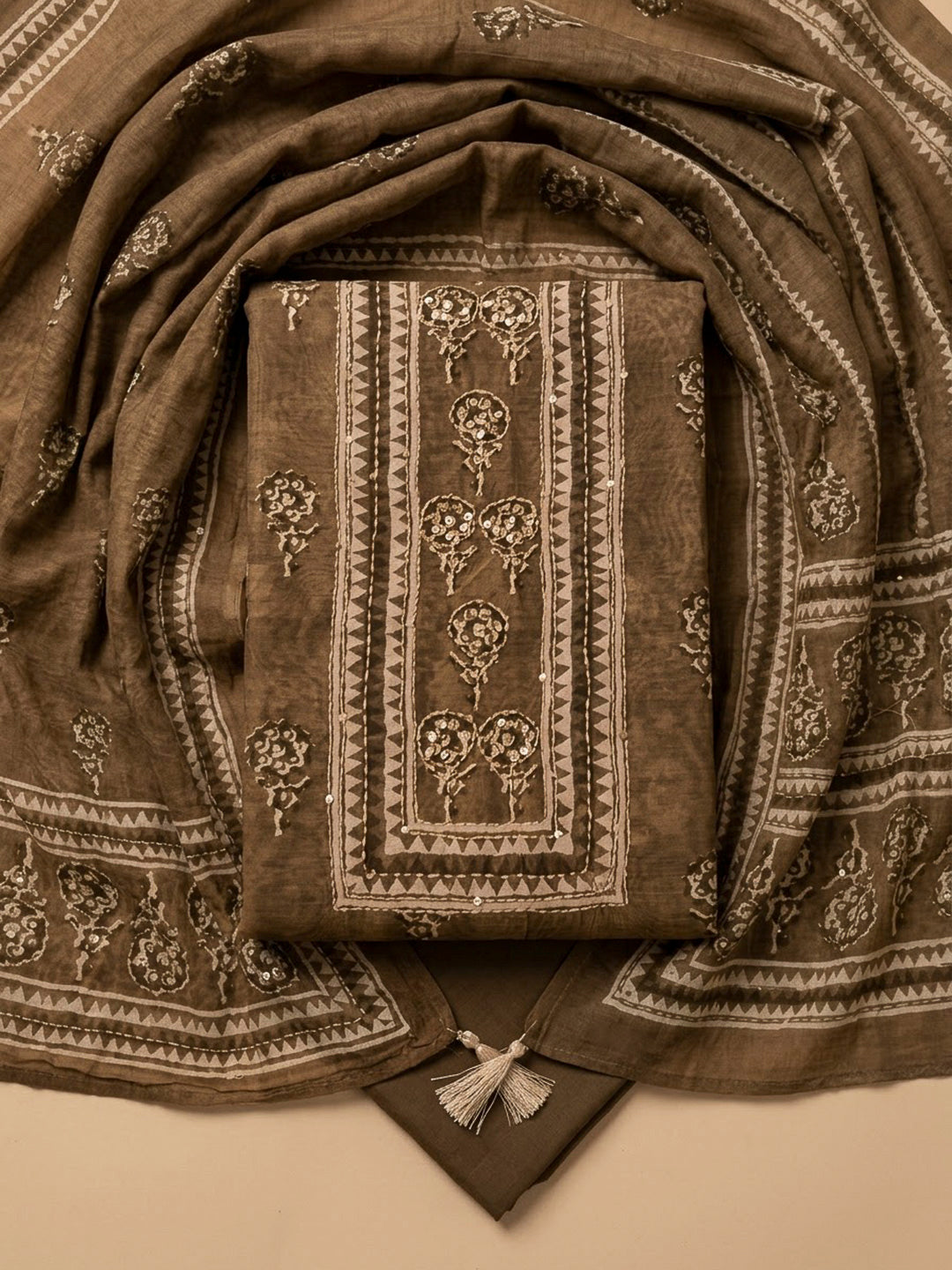 Beige Chanderi Printed Unstitched Dress Material