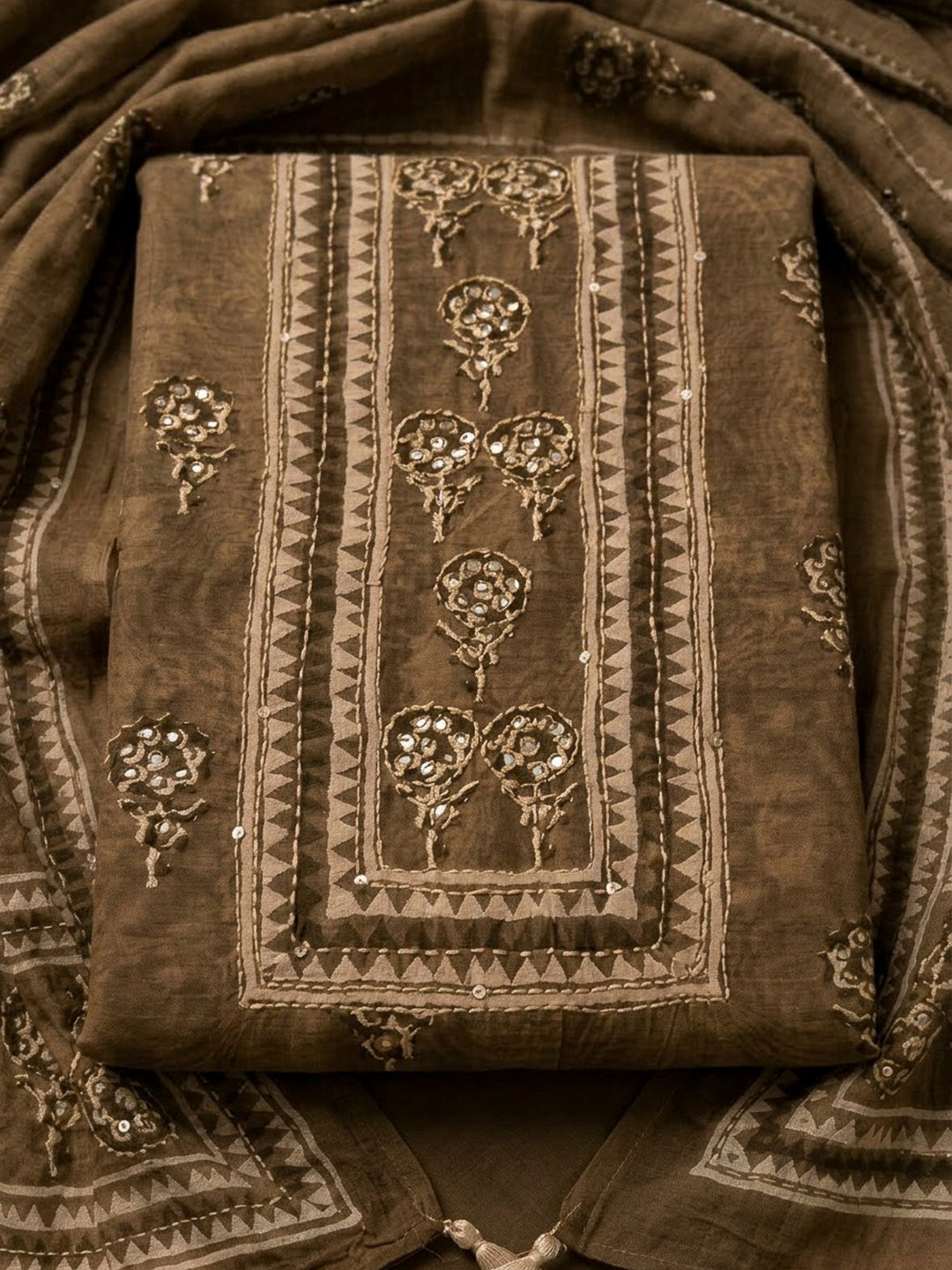 Beige Chanderi Printed Unstitched Dress Material
