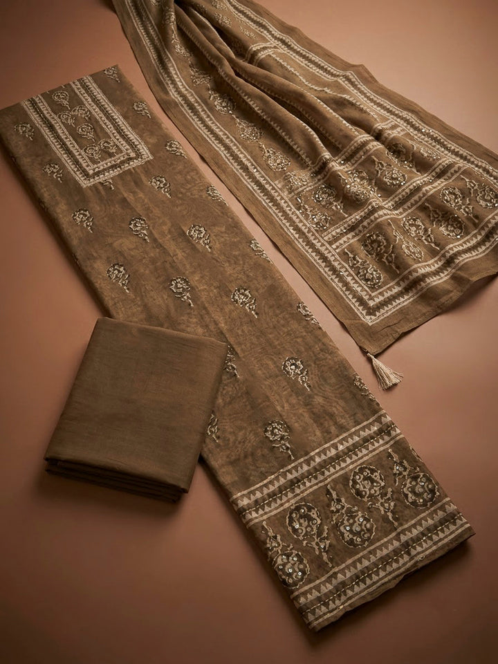 Beige Chanderi Printed Unstitched Dress Material