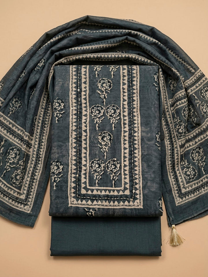 Grey Chanderi Printed Unstitched Dress Material